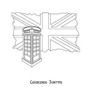 Desenho para colorir de bandeira do Reino Unido e uma cabine telefonica