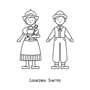 Desenho para colorir de casal com traje tipico dos Paises Baixos