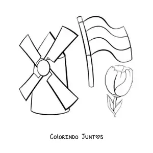 Desenho para colorir de moinho com bandeira dos Paises Baixos e uma tulipa