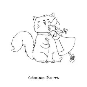 Desenho para colorir de menina holandesa com um gato animado