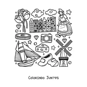 Desenho para colorir de tamancos e simbolos da cultura dos Paises Baixos