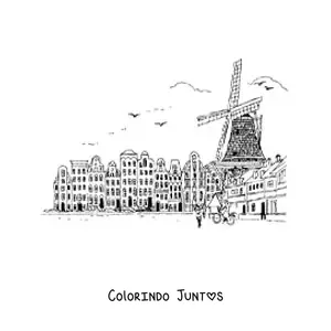 Desenho para colorir de paisagem da cidade de Amsterda