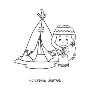 Desenho para colorir de menina indigena americana ao lado de um tipi