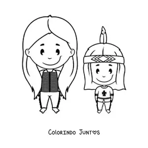 Desenho para colorir de mae e filho de tribo indigena americana