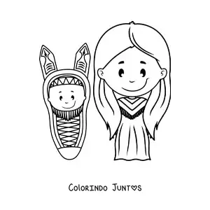 Desenho para colorir de familia de tribo indigena americana