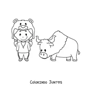 Desenho para colorir de indígena americano animado kawaii com um boi