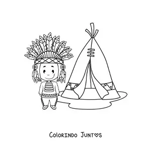 Desenho para colorir de indígena americano animado com cocar de penas ao lado de um tipi