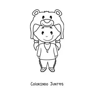 Desenho para colorir de menina indígena americana animada com pele de urso