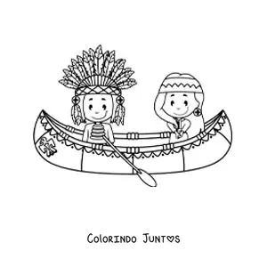 Desenho para colorir de indígenas nativos americanos animados em uma canoa