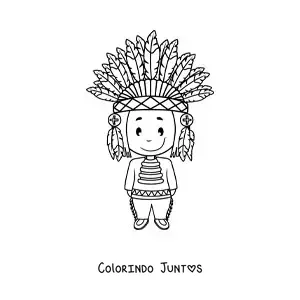 Desenho para colorir de indígena de uma tribo nativa americana com cocar de penas