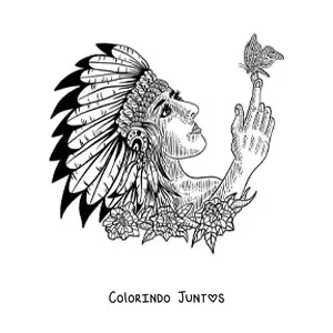 Desenho para colorir de indígena de tribo nativa americana com cocar de penas e uma borboleta