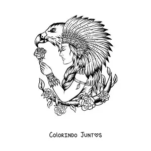 Desenho para colorir de indígena de tribo nativa americana com cocar de penas e uma águia