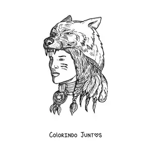 Desenho para colorir de indígena de tribo nativa americana realista com pele de urso