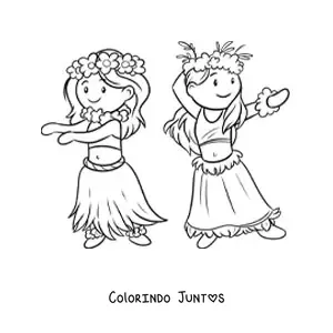 Desenho para colorir de meninas havaianas dançando o hula