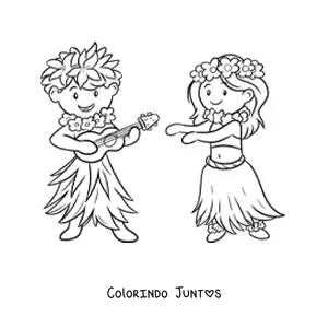 Desenho para colorir de menino havaiano com violão e dançarina de hula