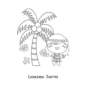 Desenho para colorir de dançarina de hula animada kawaii ao lado de uma palmeira