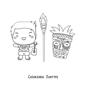 Desenho para colorir de menino kawaii animado com violão e máscara tiki