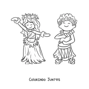 Desenho para colorir de menino havaiano com tambor e dançarina de hula
