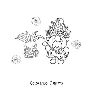 Desenho para colorir de gnomo animado tocando violão com máscara tiki