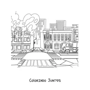 Desenho para colorir de um caminhao de bombeiros ao lado de um predio em chamas