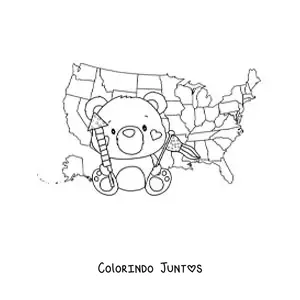 Desenho para colorir de urso animado kawaii com a bandeira e o mapa dos Estados Unidos
