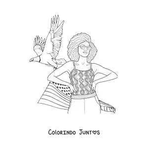 Desenho para colorir de menina estadunidense com a bandeira e uma águia