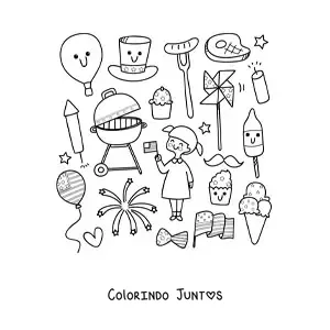 Desenho para colorir de menina com símbolos da cultura dos Estados Unidos kawaii animados