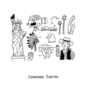 Desenho para colorir de estátua da liberdade e símbolos da cultura estadunidense
