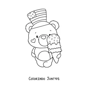 Desenho para colorir de urso animado kawaii com um sorvete e um chapéu dos Estados Unidos