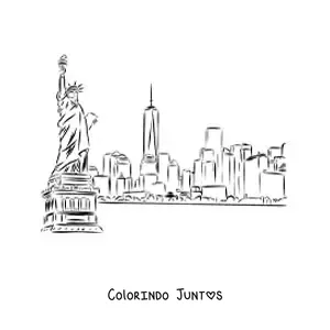 Desenho para colorir de paisagem de Nova York com a estátua da liberdade