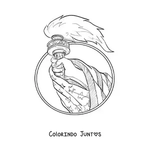 Desenho para colorir de mão segurando a tocha da liberdade com a bandeira dos Estados Unidos