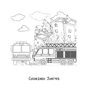 Desenho para colorir de um caminhao de bombeiros em um grande incendio