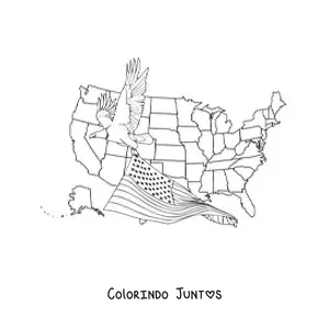 Desenho para colorir de águia segurando a bandeira americana com o mapa dos Estados Unidos