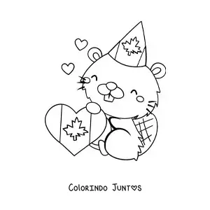 Desenho para colorir de castor canadense animado kawaii com a bandeira do Canadá