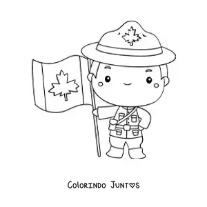 Desenho para colorir de menino policial do Canadá kawaii com a bandeira