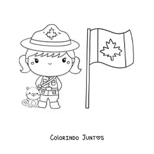 Desenho para colorir de menina policial do Canadá kawaii com a bandeira e um castor animado
