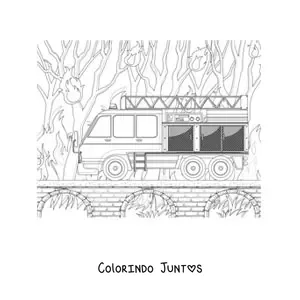 Desenho para colorir de um caminhao de bombeiros em um incendio florestal