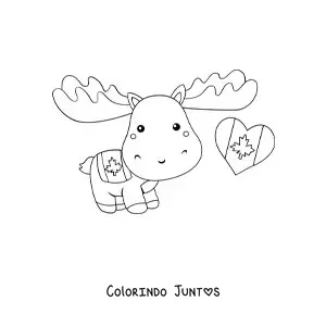Desenho para colorir de alce canadense animado kawaii com a bandeira do Canadá
