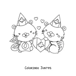 Desenho para colorir de castores do Canadá animados com a bandeira e corações
