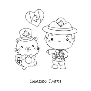 Desenho para colorir de policial do Canadá animado com a bandeira e um castor