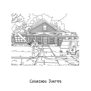 Desenho para colorir de um bombeiro apagando um incendio
