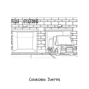 Desenho para colorir de um caminhao de bombeiros no quartel