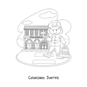 Desenho para colorir de um bombeiro animado no quartel