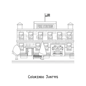 Desenho para colorir de um caminhao de bombeiros estacionado no quartel