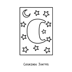 Desenho para colorir de letra C maiúscula com estrelas e uma lua