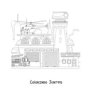 Desenho para colorir de veiculos de resgate no quartel de bombeiros