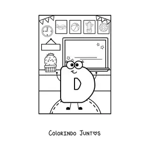 Desenho para colorir da letra D animada na escola