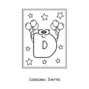 Desenho para colorir da letra D maiúscula animada com balões