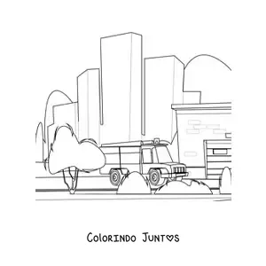 Desenho para colorir de um caminhao de bombeiros na cidade