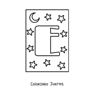 Desenho para colorir de letra E maiúscula com estrelas e uma lua